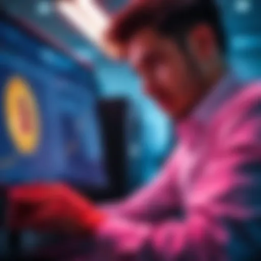 A person analyzing a Bitcoin transaction ID on a computer screen, looking focused and determined.