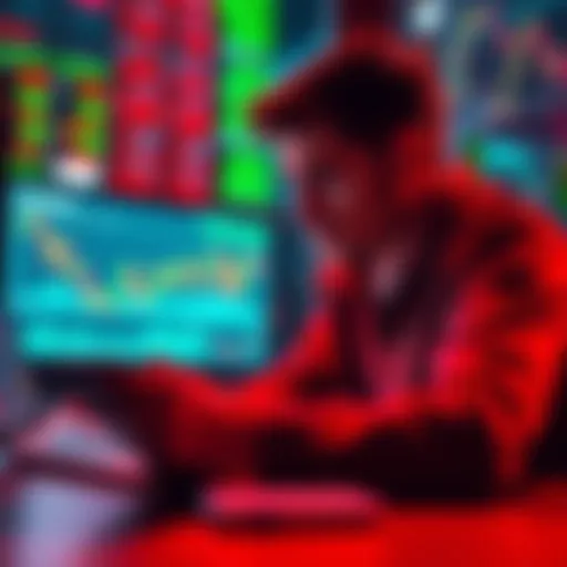 A person analyzing cryptocurrency charts on a laptop, looking focused and concerned during market fluctuations.