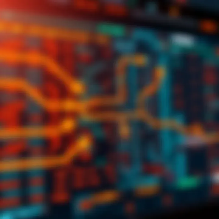 Illustration showing a digital display of blockchain data with arrows indicating the flow of funds between crypto addresses