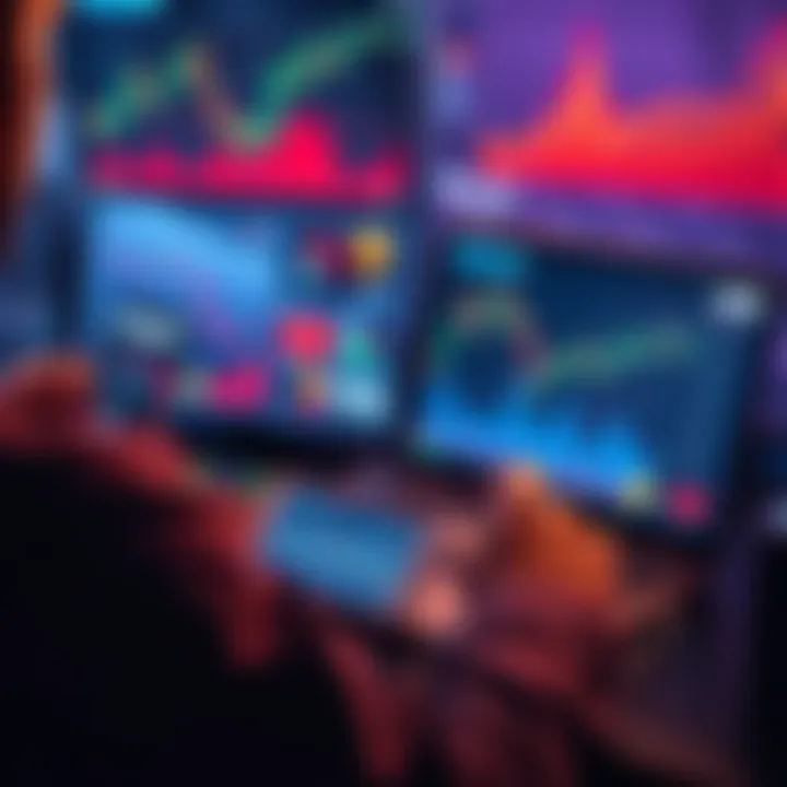 A person using a laptop and smartphone to follow crypto YouTubers while surrounded by charts and graphs.
