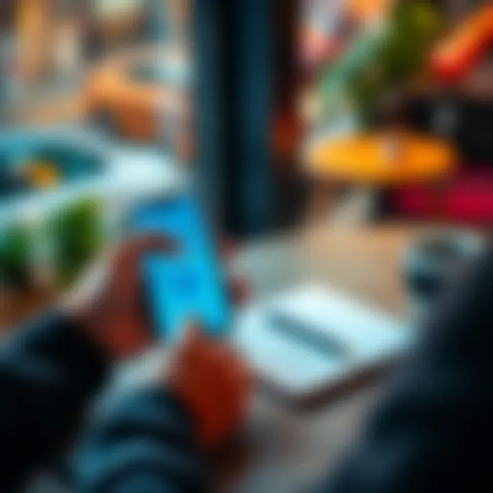A person checks their Trade Republic app on a smartphone while sitting at a table with a coffee and a notebook.