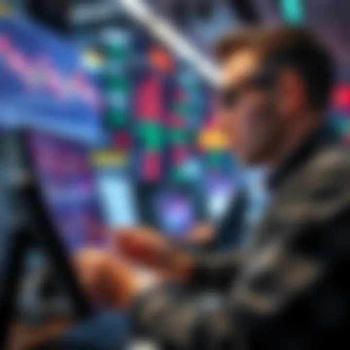 A focused trader examining financial charts with determination to seize new opportunities in a bustling trading environment.