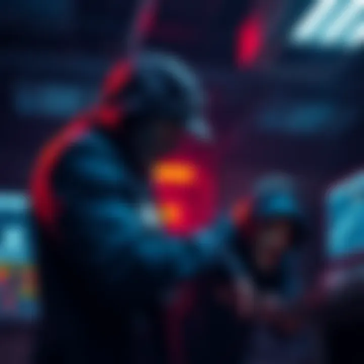 A trader being assaulted by a masked attacker during a cryptocurrency transaction in a dimly lit area