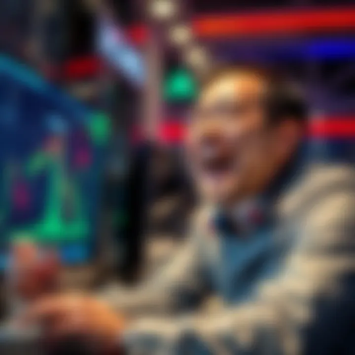 A trader with a joyful expression, looking at financial charts on a computer screen, showing significant profit growth from an initial investment