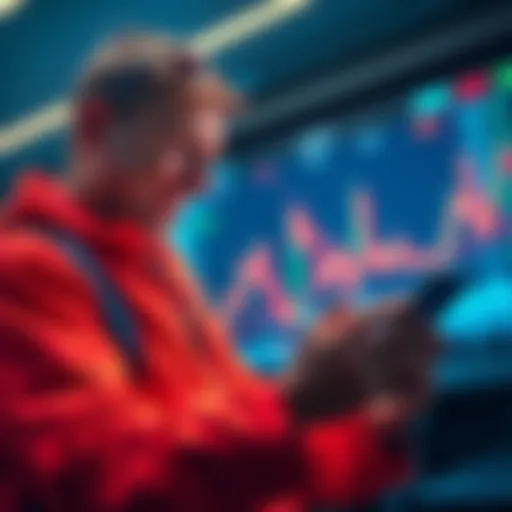 A trader happily checking their phone with XRP charts showing a bullish trend