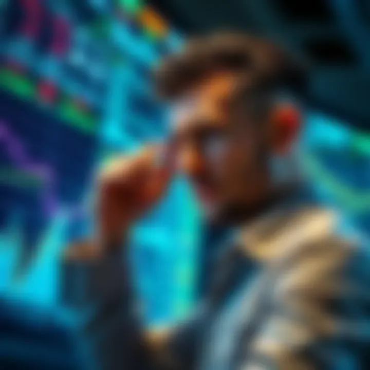 A trader looks distressed while monitoring cryptocurrency prices on a digital screen showing a downward trend.