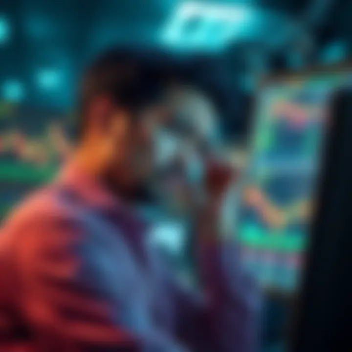 Trader Experiencing Loss A trader looks worried while viewing trading charts on a computer, showing a significant drop in value after closing a large short position.