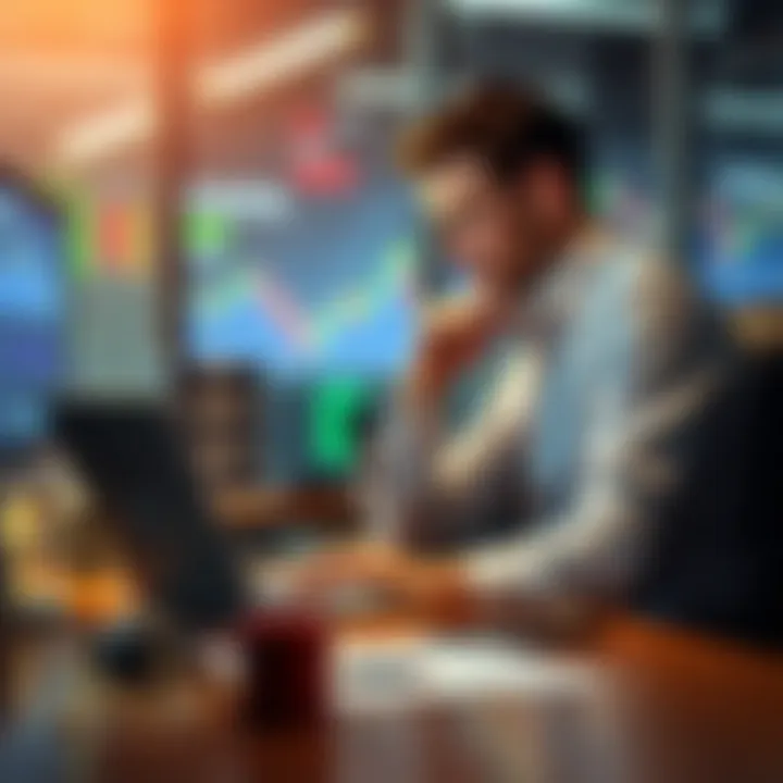 A trader sits at a desk with a laptop, looking frustrated and thoughtful after losing money in leverage trading