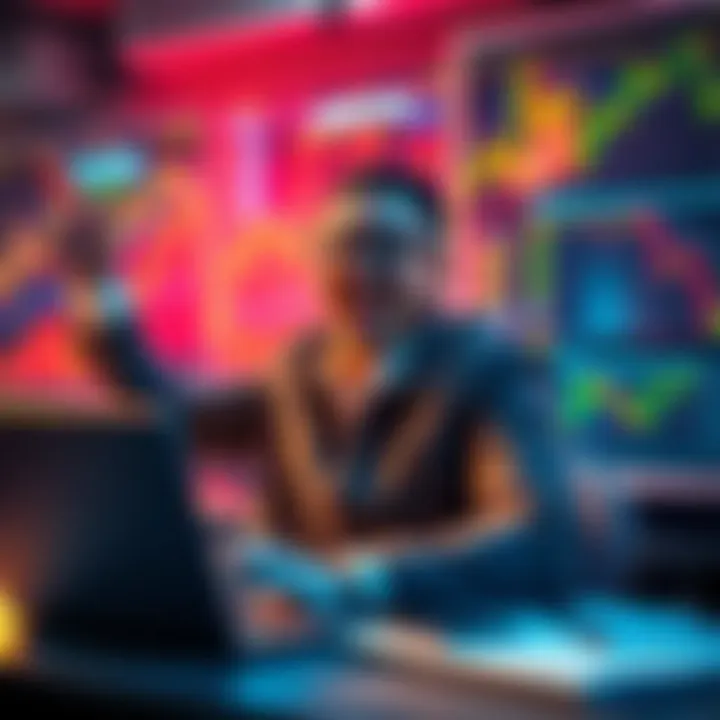 A happy trader celebrating their account restoration, surrounded by trading charts and a laptop, ready to make new trades.