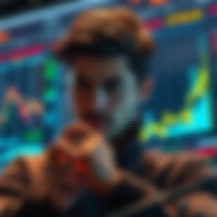 A trader looking at a chart with fluctuating crypto values, showing a mix of concern and hope for market stability.