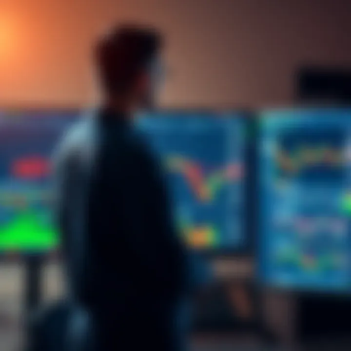 A trader stands in front of a computer screen displaying cryptocurrency charts, preparing to sell altcoins and invest fully in FET.
