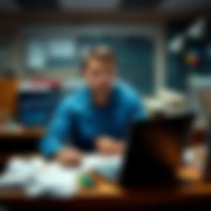An experienced trader sitting at a cluttered desk with a worried expression, surrounded by charts and financial papers.