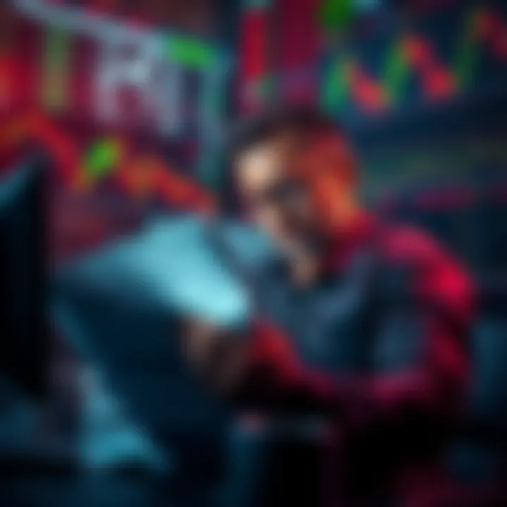 Tax Crisis and Trading Dilemmas A trader looking distressed while reviewing financial statements and tax documents, surrounded by charts reflecting market fluctuations and falling stock prices.