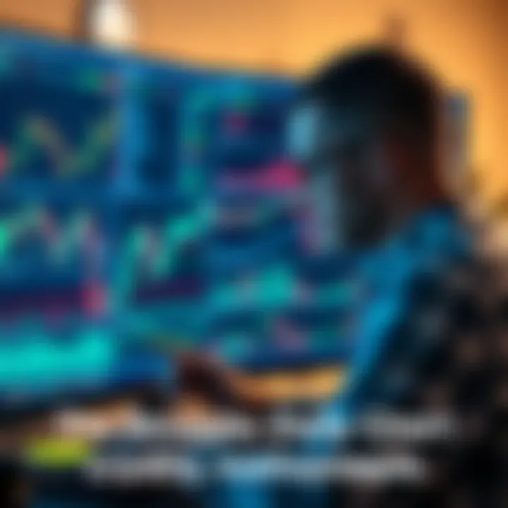 A cryptocurrency trader focused on multiple market charts on a computer screen, showing fluctuating prices and trading indicators, reflecting concentration on daily updates.