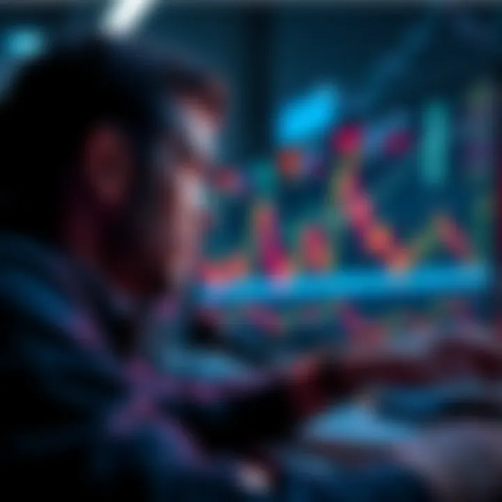 A trader looking at a computer screen showing cryptocurrency price charts and graphs, contemplating an investment strategy.