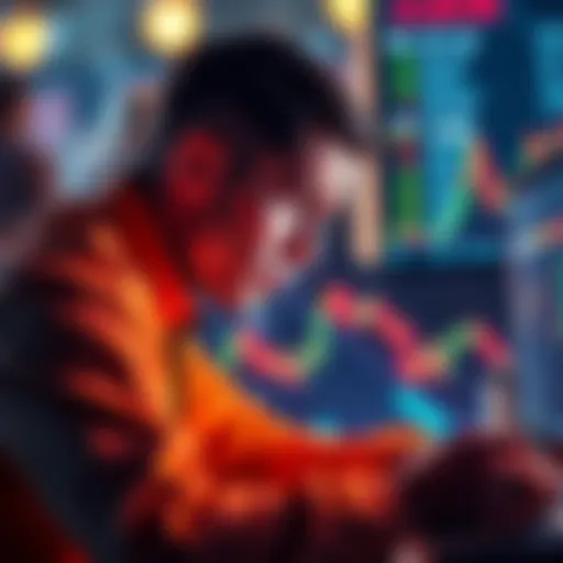 A frustrated trader looking at a computer screen with falling BTC prices, illustrating the emotional struggle of trading during a market crash.