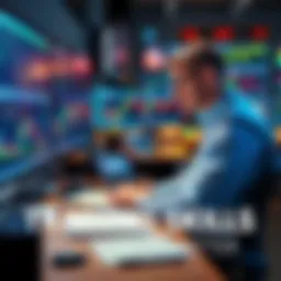 A focused trader sitting at a desk, reviewing charts and data on multiple screens, surrounded by notes and trading tools.