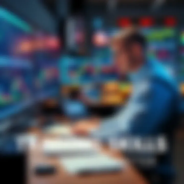 A focused trader sitting at a desk, reviewing charts and data on multiple screens, surrounded by notes and trading tools.