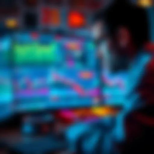 A trader looking at a computer screen displaying XRP price charts and market trends, with charts showing recent fluctuations and call options activity.