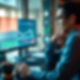 Trader balancing life and trading A trader sitting at a desk with charts on a computer screen, looking thoughtful with a notebook and coffee cup nearby, suggesting the challenge of managing trading time with daily life.