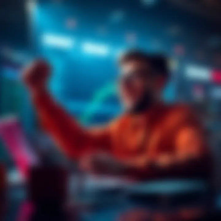 Trader Betting on Polymarket A trader celebrating a big win on Polymarket with a laptop showing Google search rankings data.