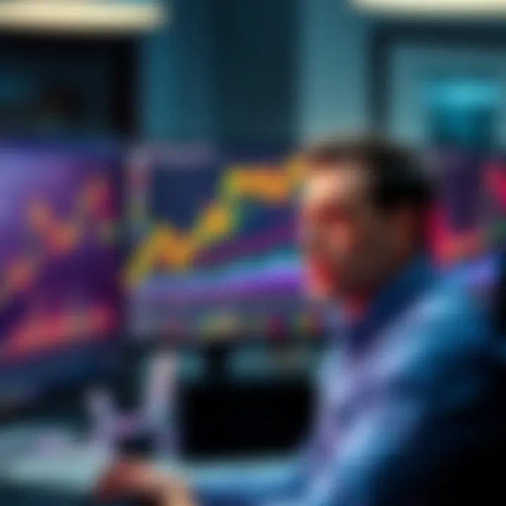 A trader looks worried while watching Bitcoin price charts on a computer screen, showing a rise after a short bet.