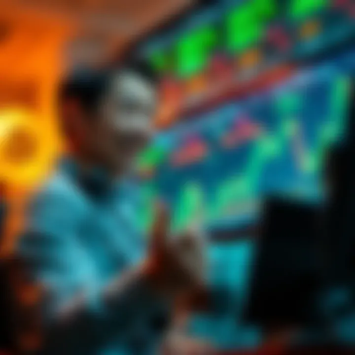 A happy trader looking at a screen showing rising Bitcoin prices, symbolizing successful trades and recovery in the crypto market