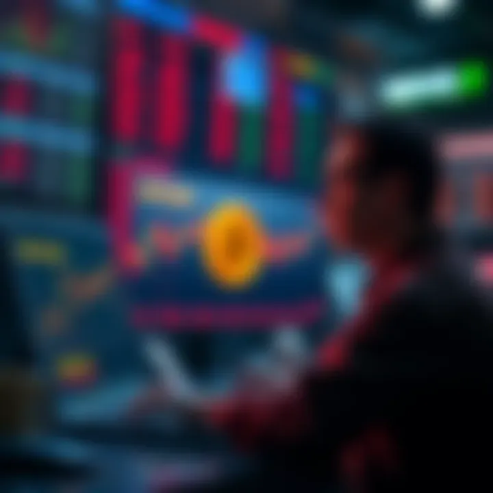 A trader with a worried expression watches Bitcoin prices rising on a laptop screen, reflecting on missed opportunities.