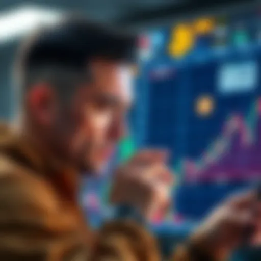 Trader Buying Bitcoin A trader looking at a Bitcoin chart with a concerned expression, preparing to make a purchase despite past losses.
