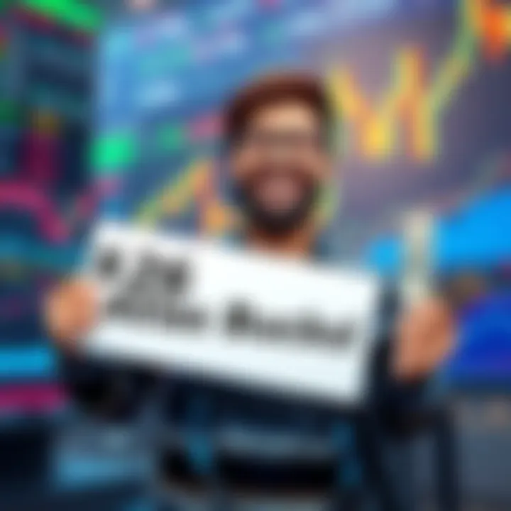 A happy trader holding a sign that says '26 Atlas Bucks!' while surrounded by financial charts and dollar bills, celebrating small wins in trading.