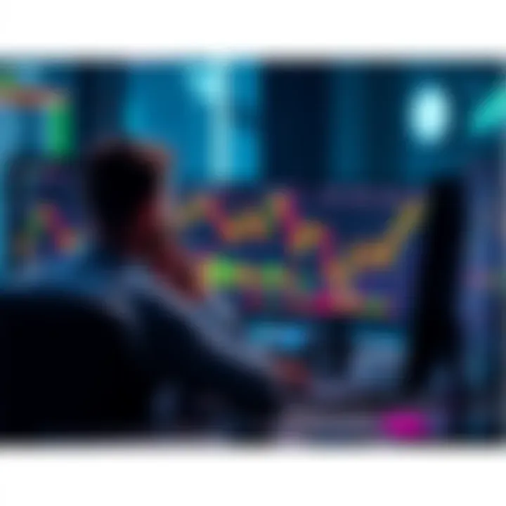 A trader sitting at a desk, staring at cryptocurrency charts on a computer screen, depicting feelings of boredom and frustration during a low volatility period.