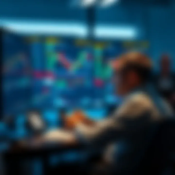 A trader sits at a desk looking pensive, with charts and graphs on the screen showing market decline, suggesting a moment of reflection on cryptocurrency trading decisions.