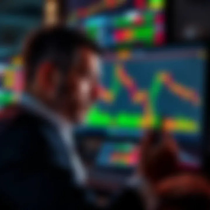 A frustrated trader looking at a screen showing financial losses, with graphs indicating a downward trend, representing issues in copy trading.