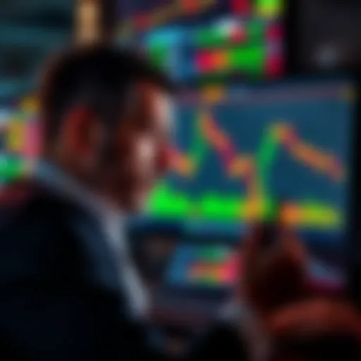 Trader Analyzing Copy Trading Loss A frustrated trader looking at a screen showing financial losses, with graphs indicating a downward trend, representing issues in copy trading.