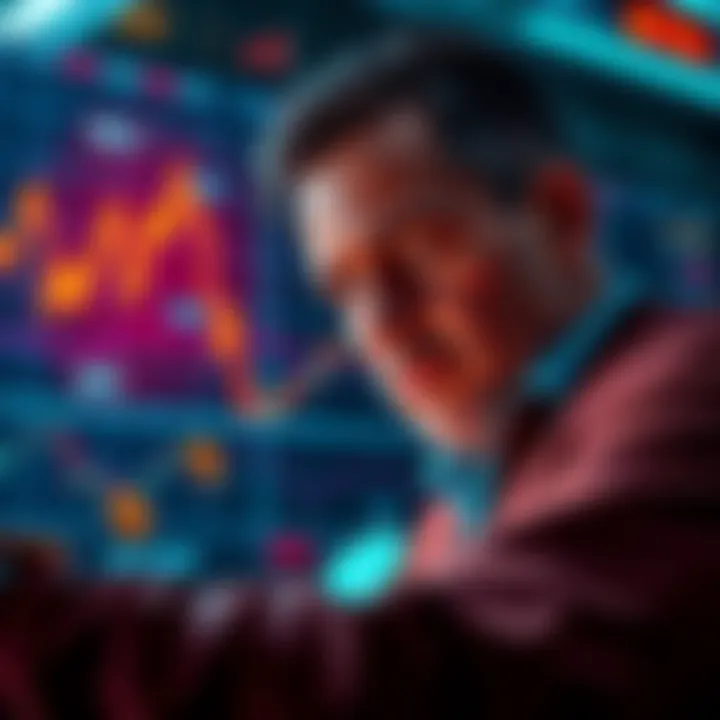 A trader looking at a chart of cryptocurrency prices, displaying emotions of disappointment and nostalgia, surrounded by digital tokens.