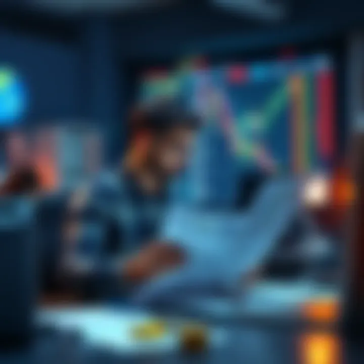 Trader managing crypto taxes A small trader sitting at a desk, reviewing cryptocurrency transactions and tax documents, looking concerned about filing taxes accurately.