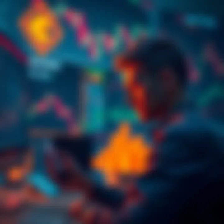 Trader pondering over sales decisions A trader looking at charts and graphs, evaluating their recent coin sale at 1.90 and considering market trends.