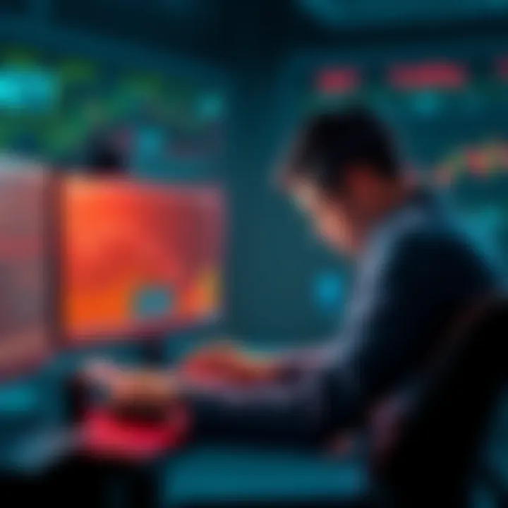A distressed trader sits at a computer, holding their head in their hands, surrounded by charts and financial reports.
