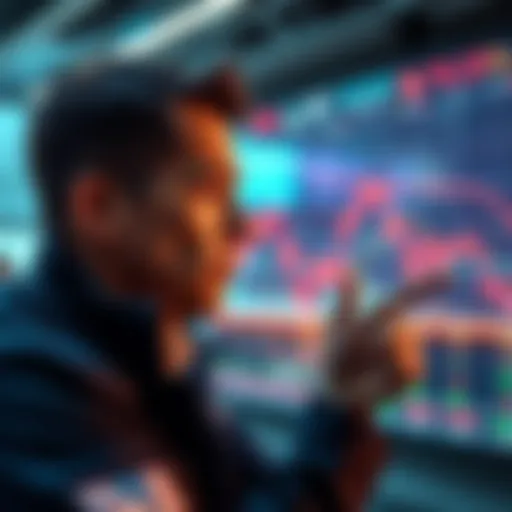 A trader shows frustration while viewing a market graph that is declining, representing selling at a low point before a market bounce.