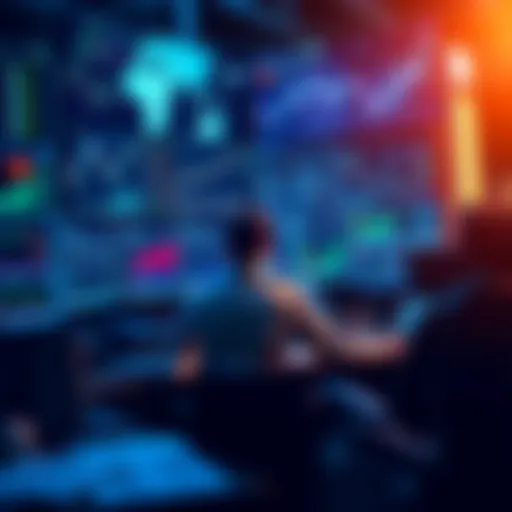 Trader planning new trading terminal A trader sitting at a desk with multiple screens displaying charts and news feeds, brainstorming ideas for a new trading terminal.