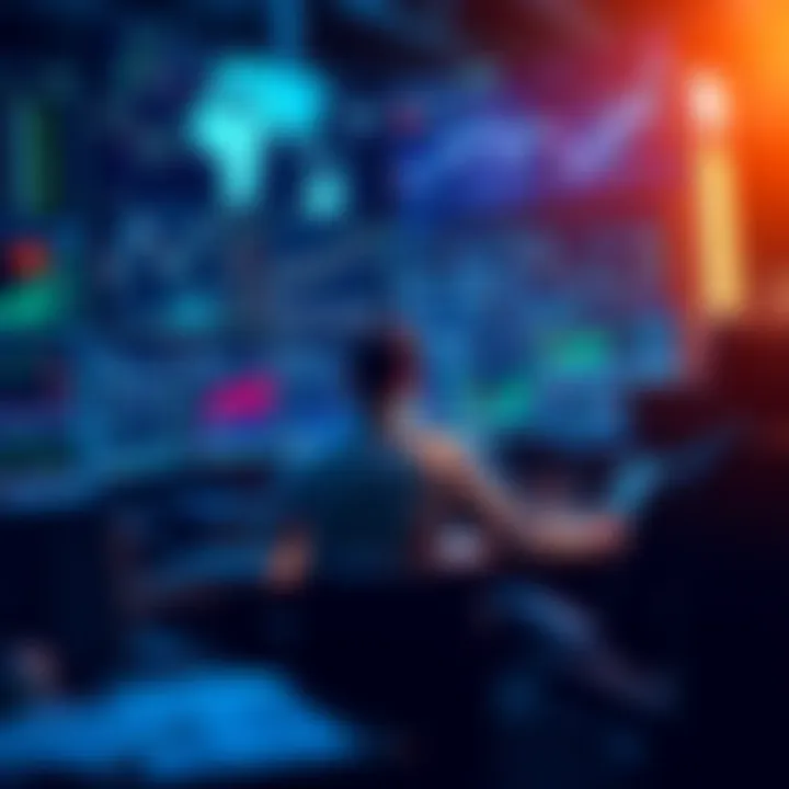Trader planning new trading terminal A trader sitting at a desk with multiple screens displaying charts and news feeds, brainstorming ideas for a new trading terminal.