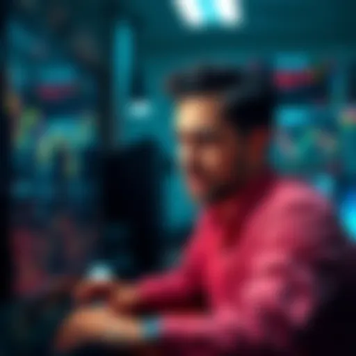 A distressed Bitcoin trader looking at a computer screen showing falling cryptocurrency prices and graphs, reflecting a significant financial loss.