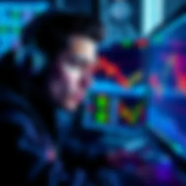 A trader looks worried while staring at a computer screen showing declining cryptocurrency prices, representing a recent loss.