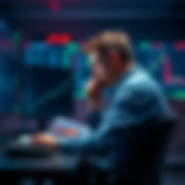 A trader sitting at a desk with charts and graphs, looking contemplative and stressed, as they reflect on past market downturns and emotional impacts.