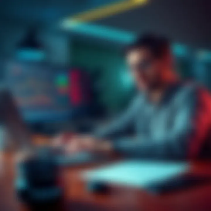 A trader looking concerned while checking their cryptocurrency portfolio on a laptop, with a tax document on the table beside them.