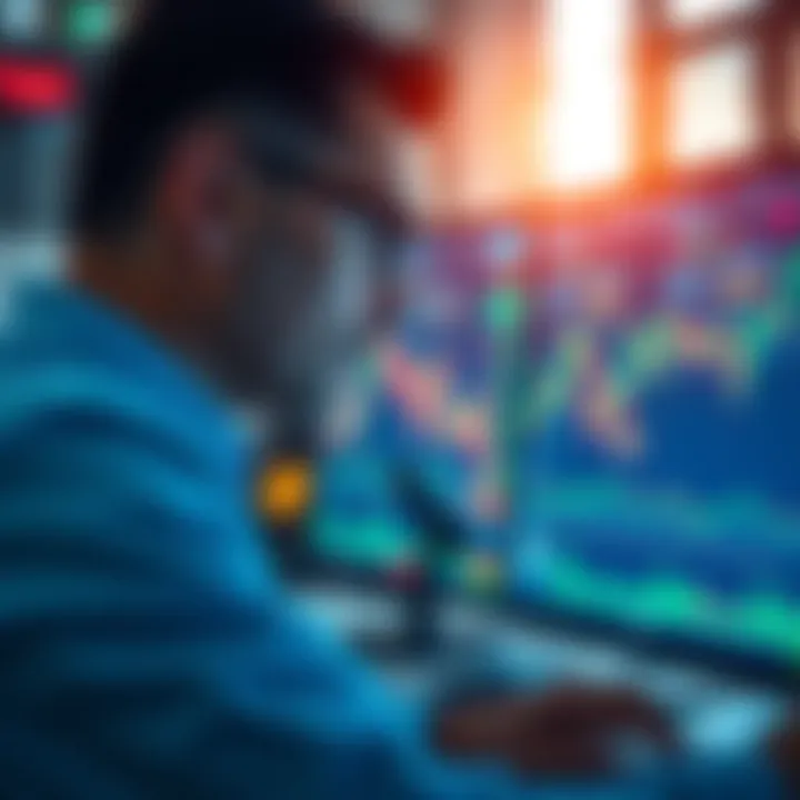 A trader analyzing stock market charts on a computer screen, showing fluctuations and alerts about margin calls