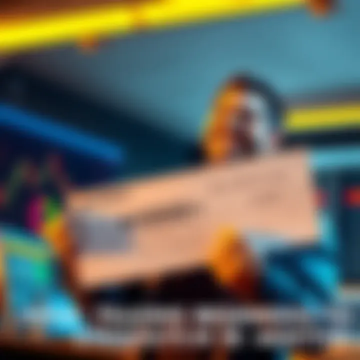 A trader holding a check representing over $1000 in payouts, looking pleased and confident in their trading achievements.