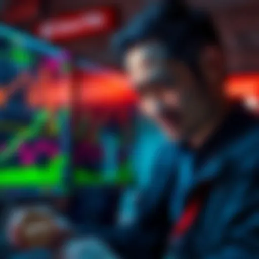 A trader looks worried while checking fees on a decentralized exchange platform, with charts and graphs in the background.