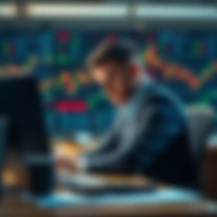 Trader looking worried after losses A trader sits at a desk, looking stressed and contemplative, surrounded by financial charts and a laptop screen showing declining stock prices.