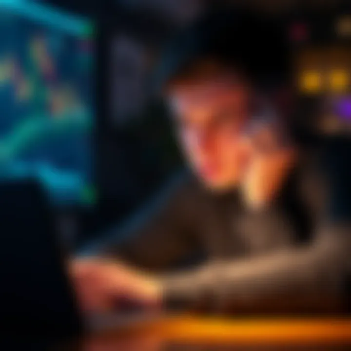 A worried crypto trader looking at charts on a laptop, expressing regret over a trading decision.